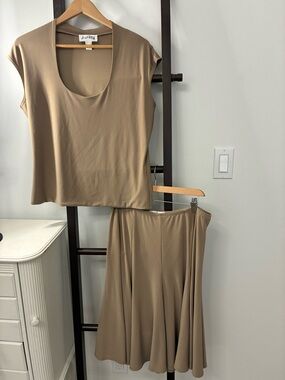 Joseph Ribkoff Tan coloured Scoop-Neck Top & Flared Skirt Set. Made in Canada!